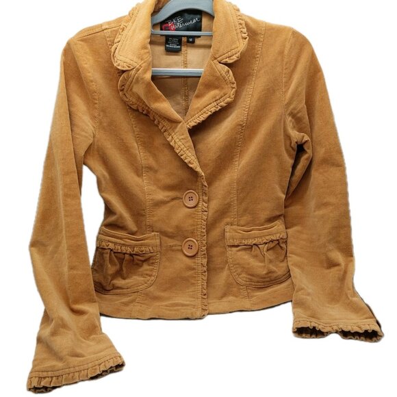 BKE Womens Corduroy Jacket Size Medium Ruffle Trim Boho Blazer Tan Coquette - Picture 1 of 8
